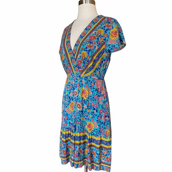 Mini Dress Boho Exotic Print Spell Inspired Blue Cotton Short Sleeves Medium EUC - Picture 6 of 11
